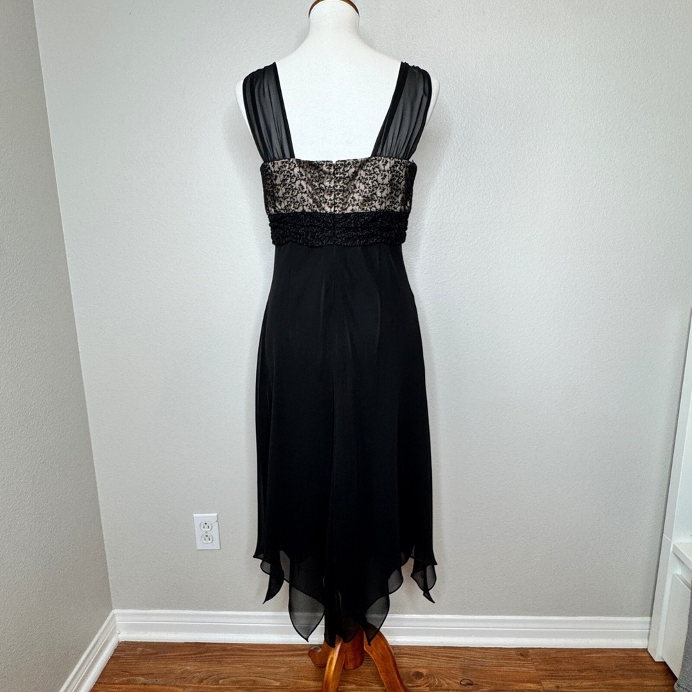 EVAN PICONE Cocktail Black Midi Dress 10 Lace Bodice Handkerchief Hem Formal - Picture 6 of 9